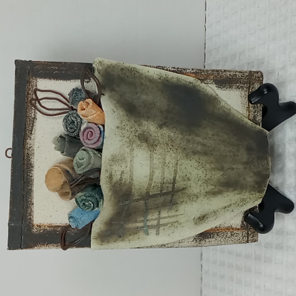 Handcrafted Clay Hanging Wall Pocket w/ Rolled Roses and Wire Leaves